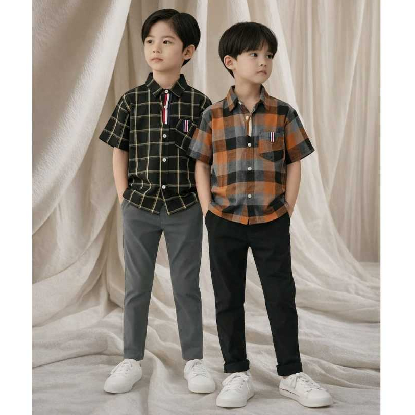 baju setelan anak umur 5 tahun sampai 12 tahun//one set stelan anak laki-laki setelan kemeja flanel 