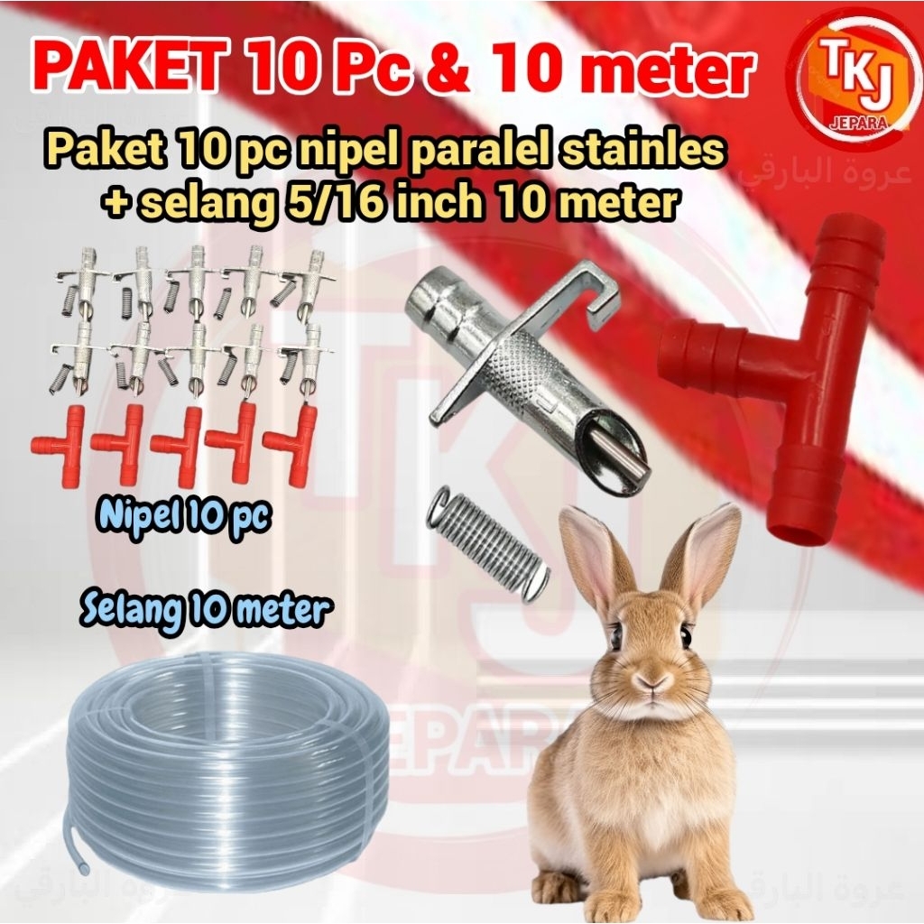 paket 10 pc nipel + selang 10 meter nipel kelinci paralel stainles M2  / yellow M1 untuk Nipel minum