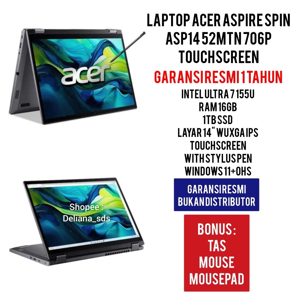 Laptop Acer Aspire Spin Touchscreen With Stylus ASP14 52MTN 706P Intel Ultra 7 155U 16GB/1TB SSD 14"