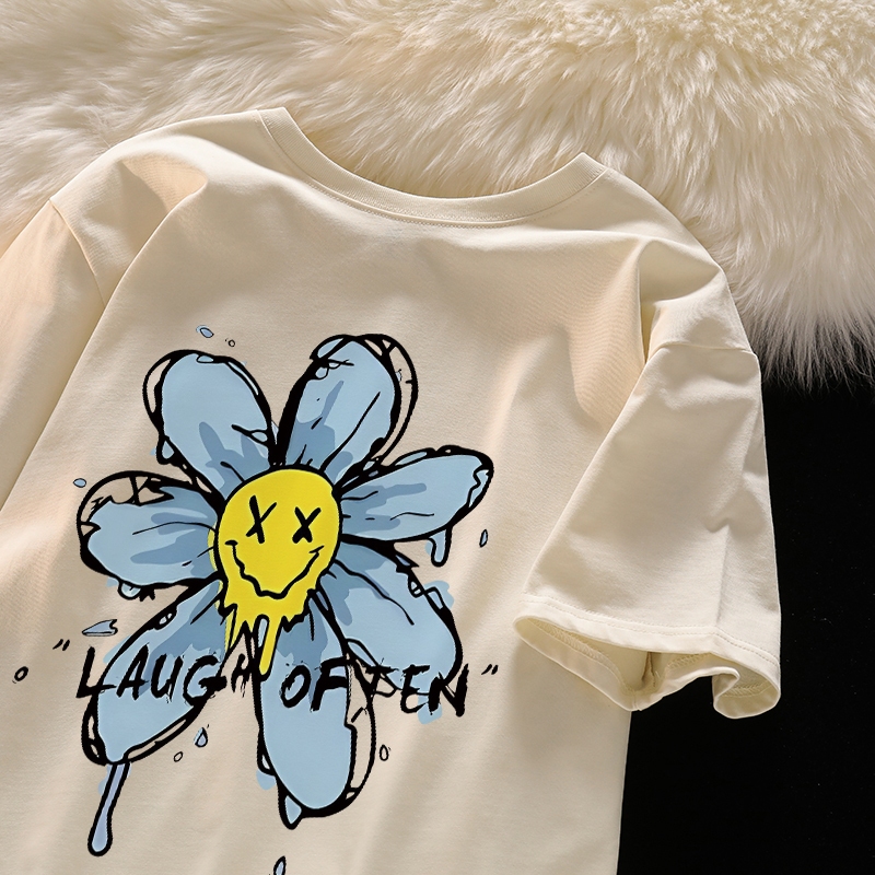 Po floret Baju Wanita Kaos Wanita Korean Style Lengan Pendek Grafiti streetwear Bunga biru muda Waja