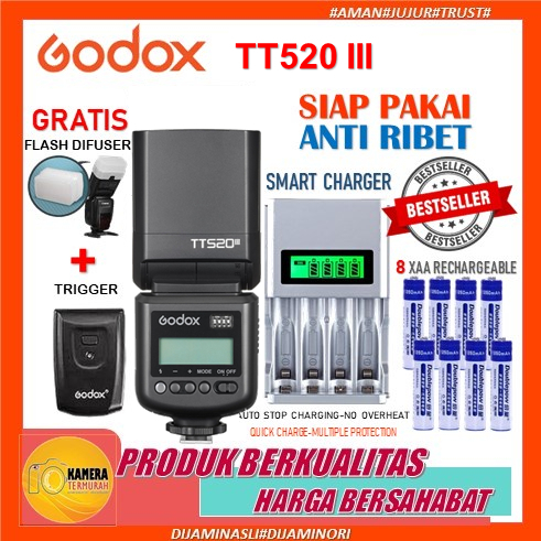 Paket Lampu Flash Eksternal Godox TT520III TT 520 III Kamera Canon Fujifilm Olympus Pentax Sony Niko