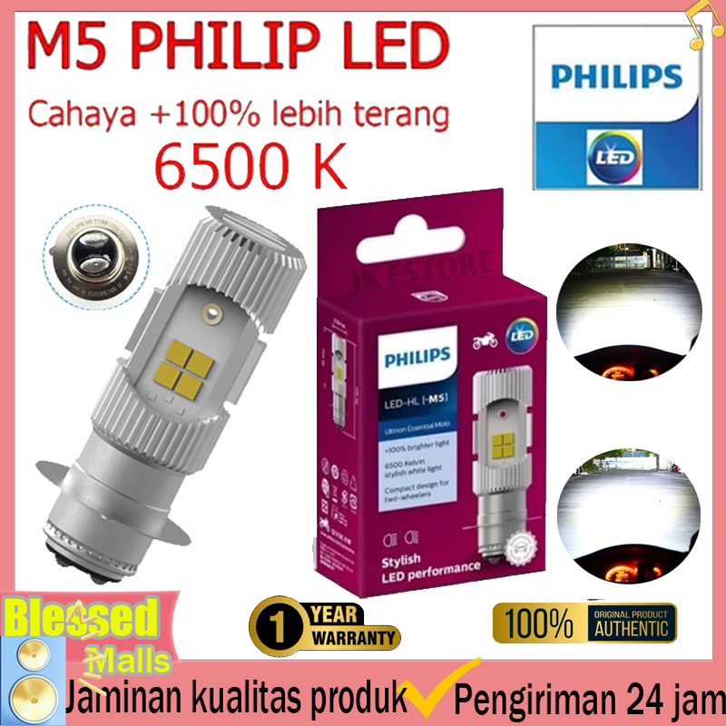 Lampu Depan Motor LED Philips Asli 100% Original M5, 6500K 12V 6W LED, LED Dua Sisi, Membutuhkan Day