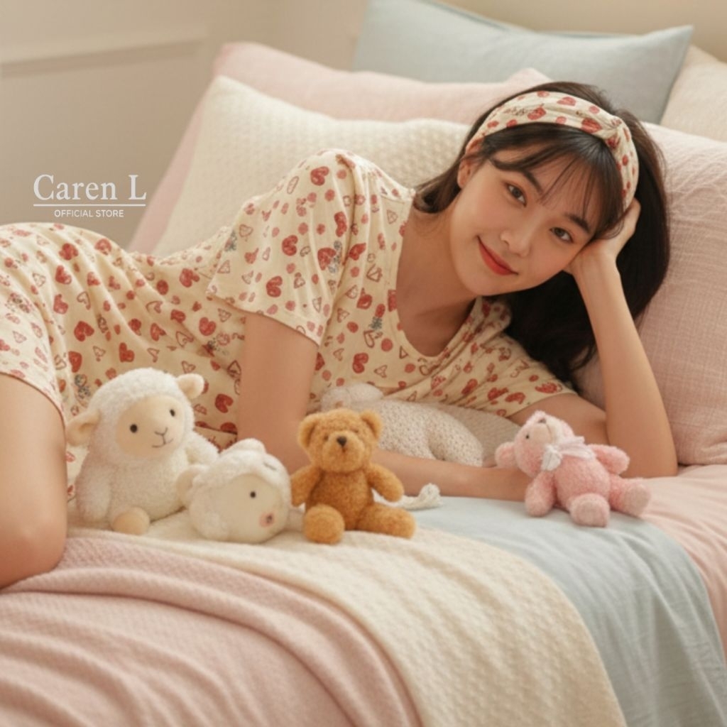 Daster Kaos Korean style | Daster Santai Wanita Cantik Kekinian Mini Heart Cream Kaos Remaja Bebas G