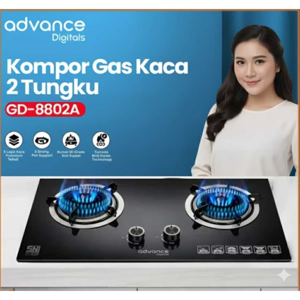 Advance GD-8802 A Kompor Gas TanamTornado Blue Flame 2 Tungku Tempered Glass Bisa Tanam & Meja