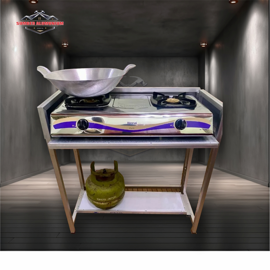 Meja Lipat Kompor Gas 2 Tungku Aluminium Cocok Untuk Pendamping Gerobak Jualan Mejakompor