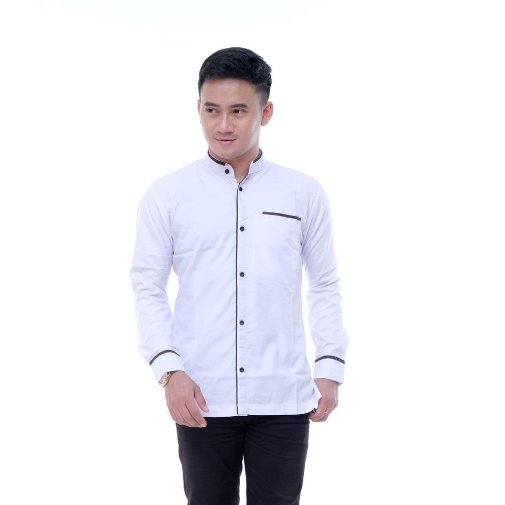 Abha - Baju Koko Pria Lengan Panjang - Baju Muslim Putih - Motif Garis