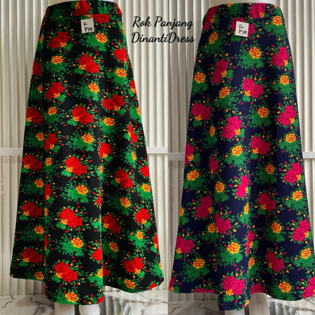 Rok Payung Panjang Wanita Motif Bunga Kembang Daun Hijau