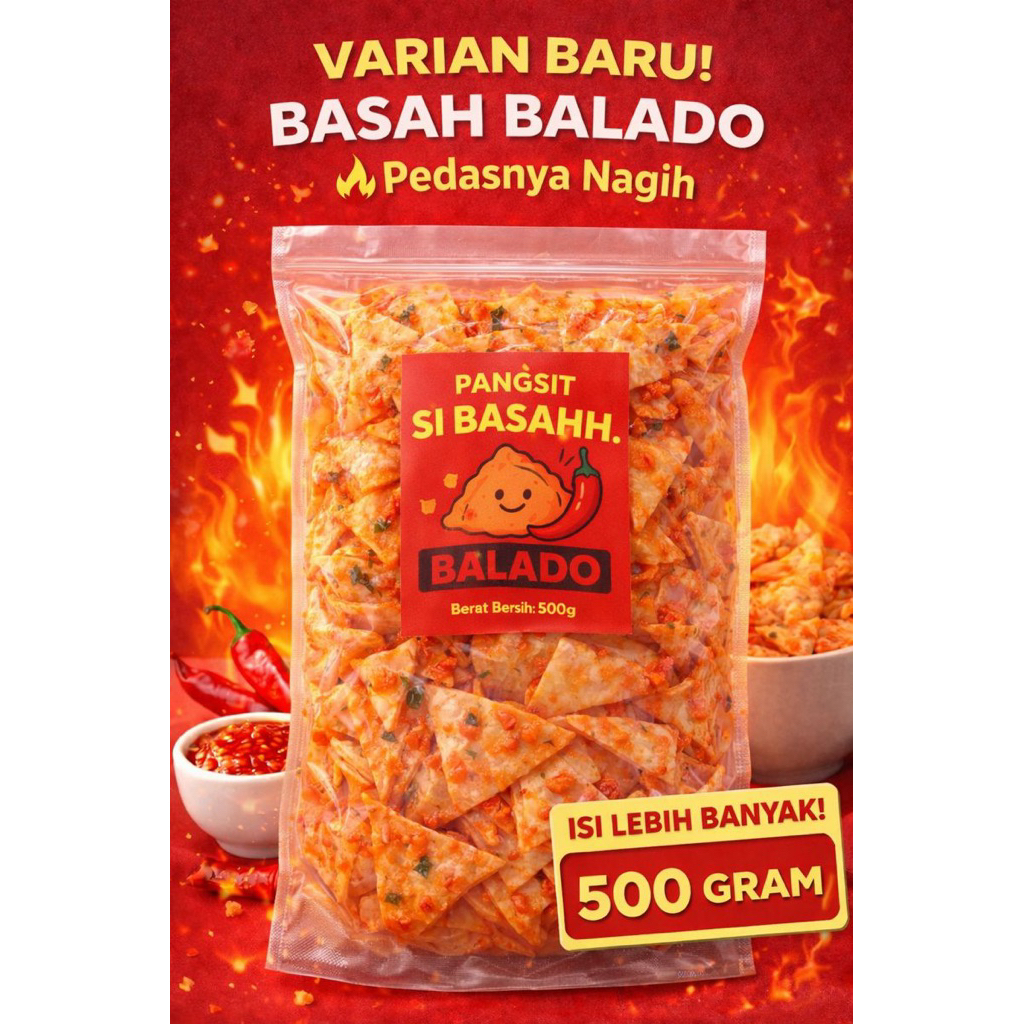 Keripik Pangsit Basah Balado 500 g | Pangsit Si Basah | Pedasnya Nagih