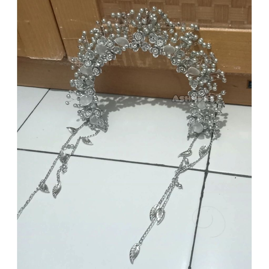 Bando Mahkota Pengantin Mutiara Juntai Silver