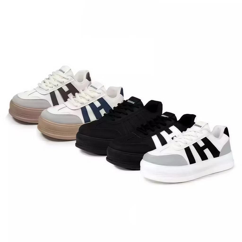 Sepatu sneaker hitam putih polos wanita pria sepatu sekolah pengikat tali