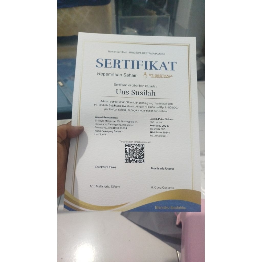 SERTIFIKAT CUSTOM PRINT dan EMBOS EMAS