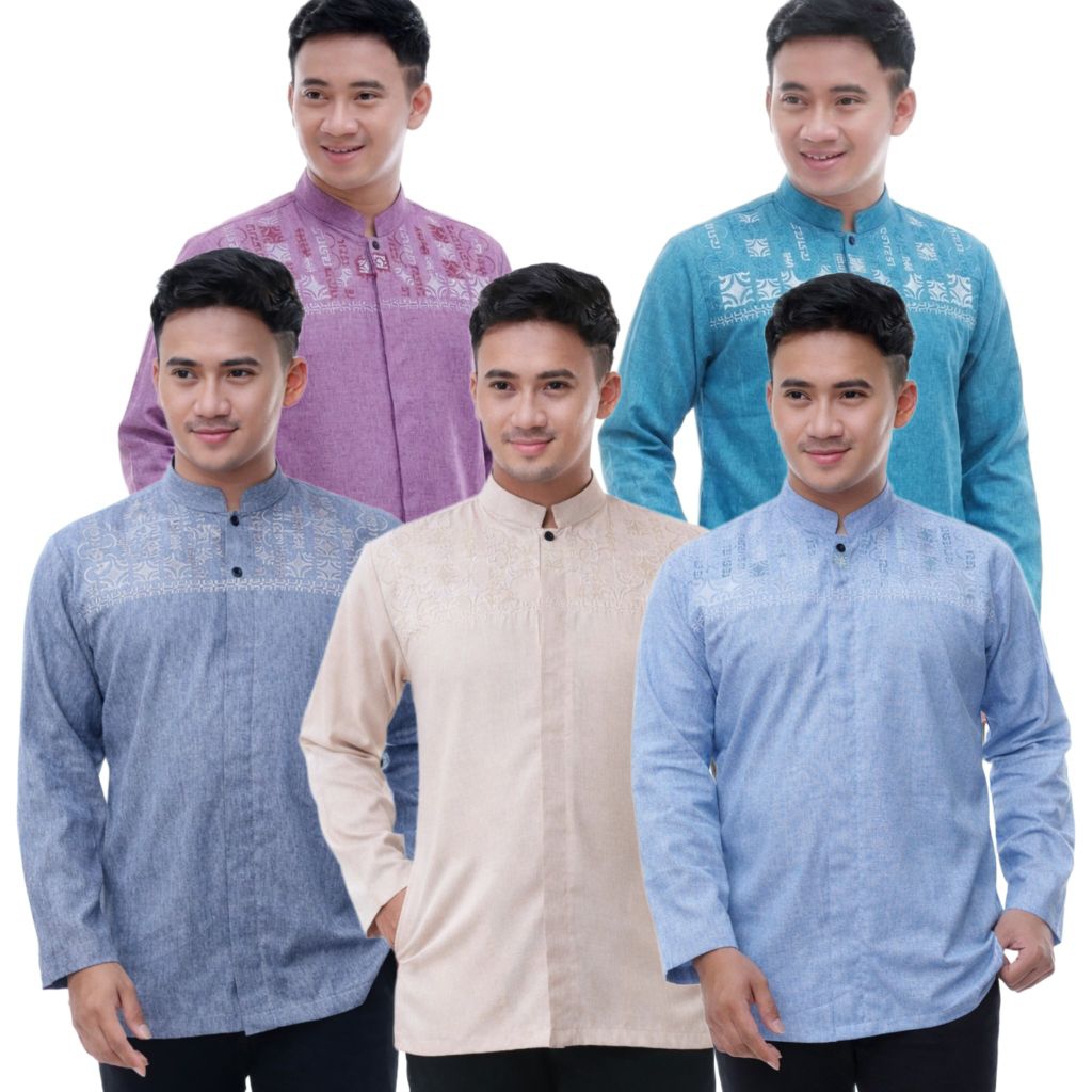 Koko Haibah Oeloem Serian Warna Koko Pria Bordir Motif Light Lengan Panjang Bahan Katun Madinah Prem