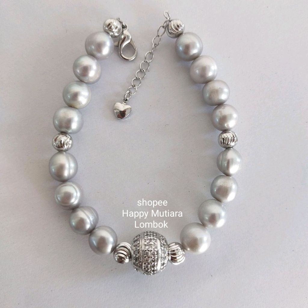 Gelang Silver Mutiara Air Tawar Abu Cantik