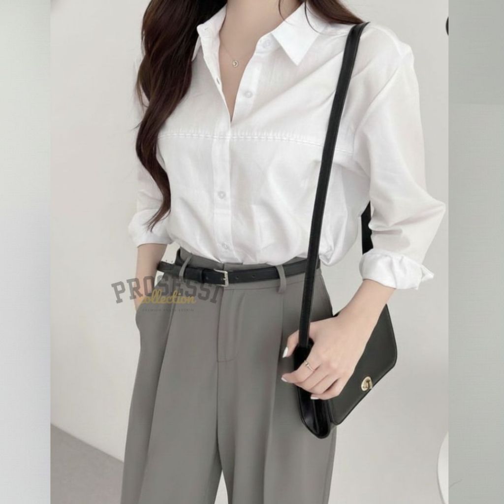 Kemeja Kerja Wanita Lengan Panjang Katun Toyobo Impor Polos Putih Hitam Jumbo