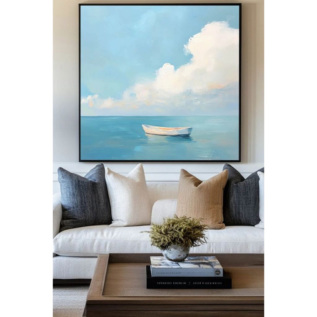 Lukisan Pemandangan Laut Tone Soft Biru Minimalis