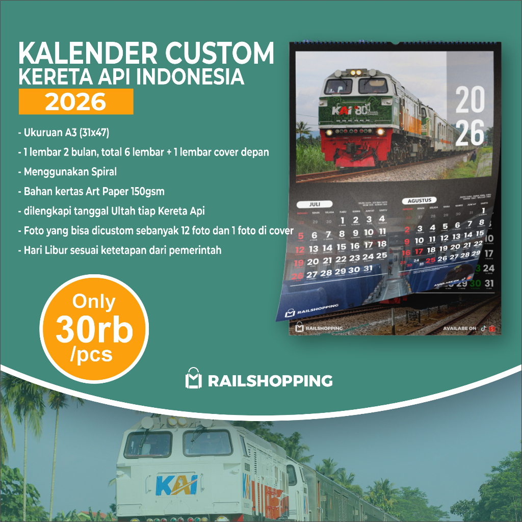 Kalender Dinding 2026 Kereta Api Indonesia – Custom Foto Kereta + Tanggal Ultah Nama Kereta