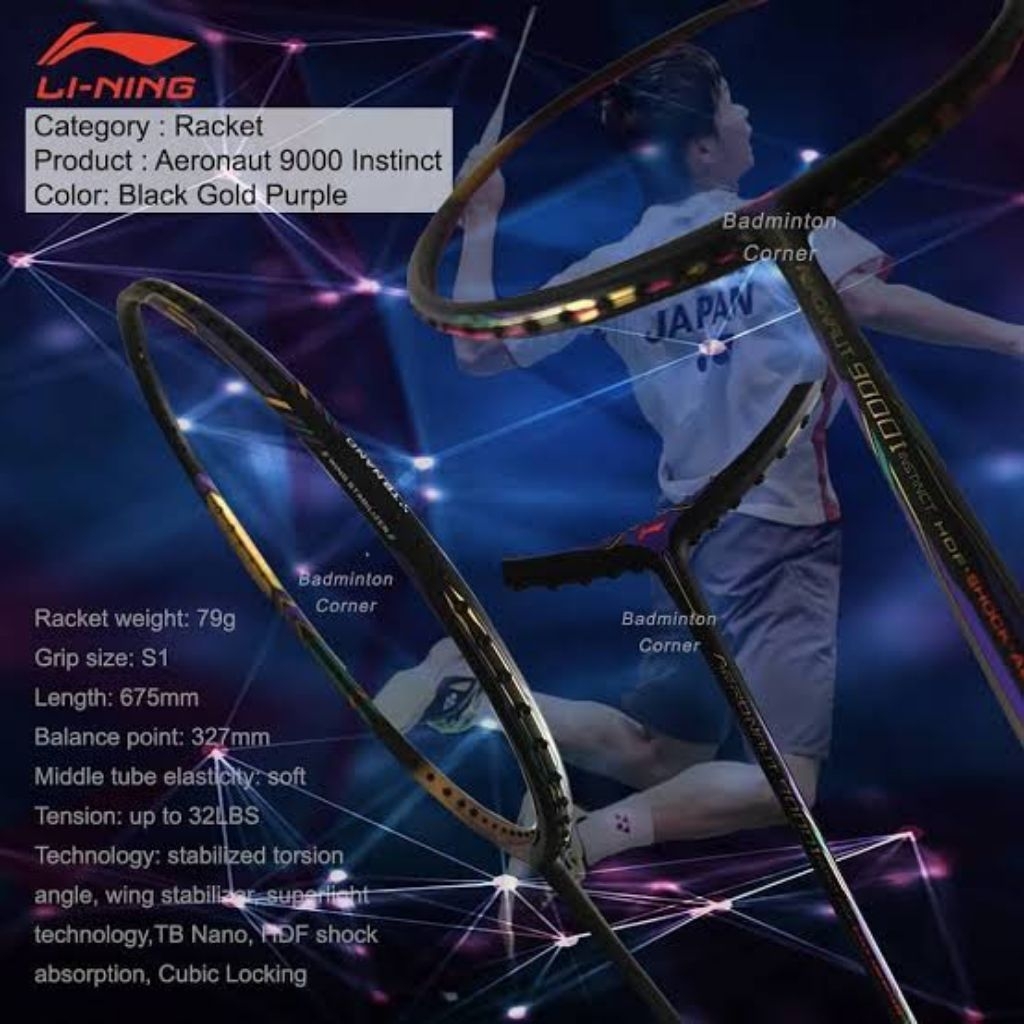 RAKET BADMINTON LINING AERONOUT 9000 INSTINCT TENSION 32 LBS KUALITAS TERBAIK SIAP PAKAI BONUS TAS D