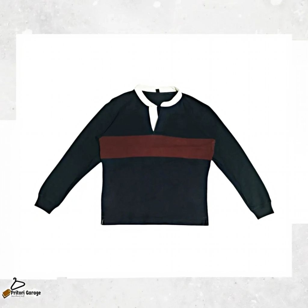 Long Sleeve Stripe Rugby Polo Uniqlo White Navy Brown Colour Block Vintage M