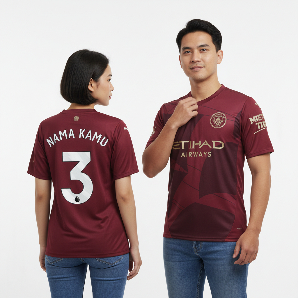 Jersey Mnchstr Cty Third 2024 2025 Baju Sepak Bola Warna Merah Marun Pasang Custom Sablon Nama Nomor