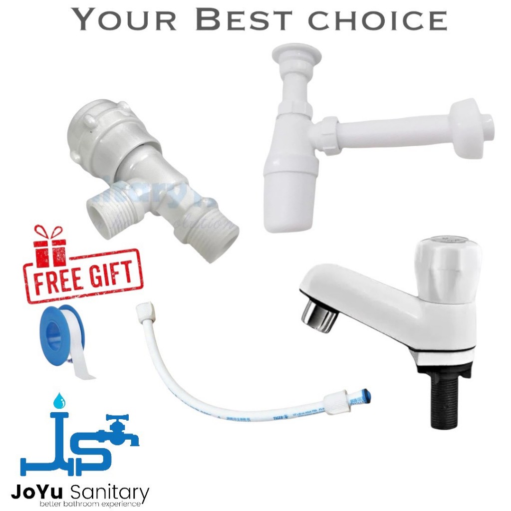 Paket set Pasang wastafel baru plastik putih - kran washtafel sifon stop kran sambungan selang  sela