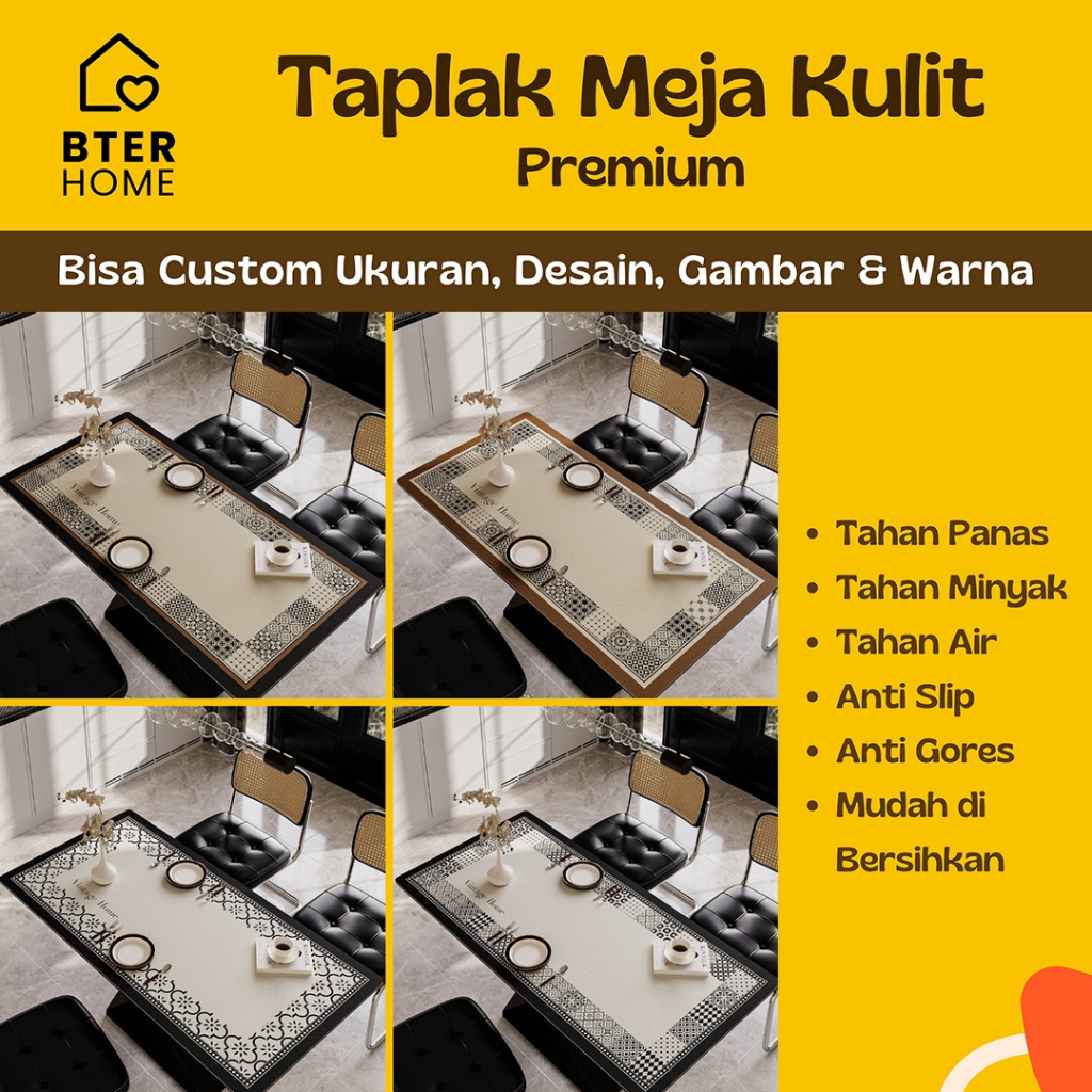 Bter Home Taplak Meja Makan Motif Border Geometric Minimalis PVC Premium Anti Air Tahan Panas Anti S