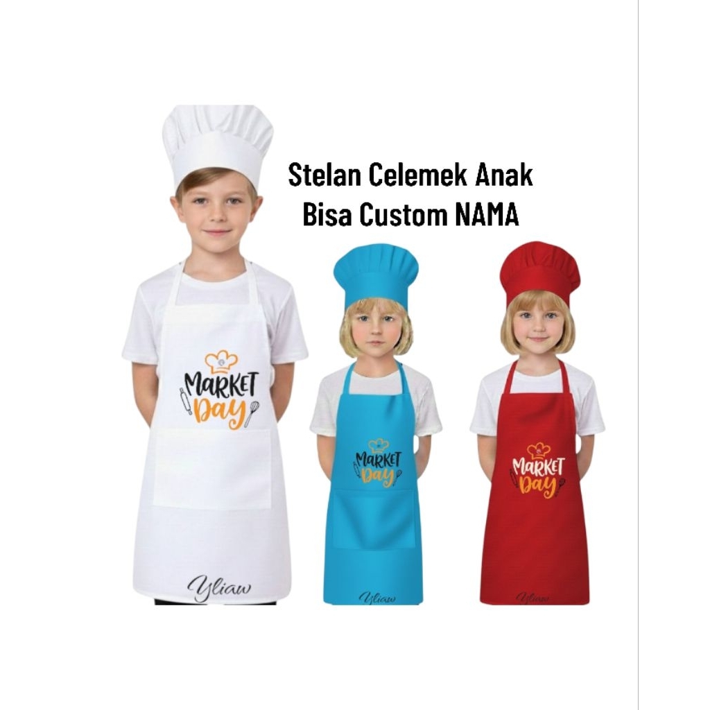 Stelan Celemek Apron Topi Koki Anak Market Day Bisa Custom NAMA