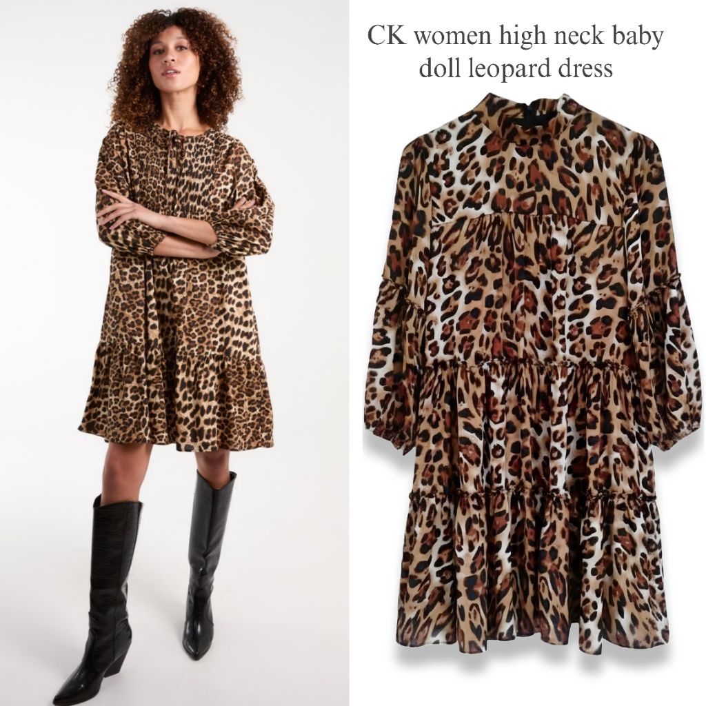 CK Women High Neck Baby Doll Leopard dress/Dress Wanita Original Breanded/Dress Wanita Terbaru/Dress