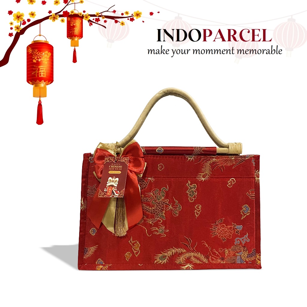INDOPARCEL - Tas Hampers Imlek Kain Cheongsam Handle Rotan Bungkus Kemasan Tas Kado Goodie Bag Chine