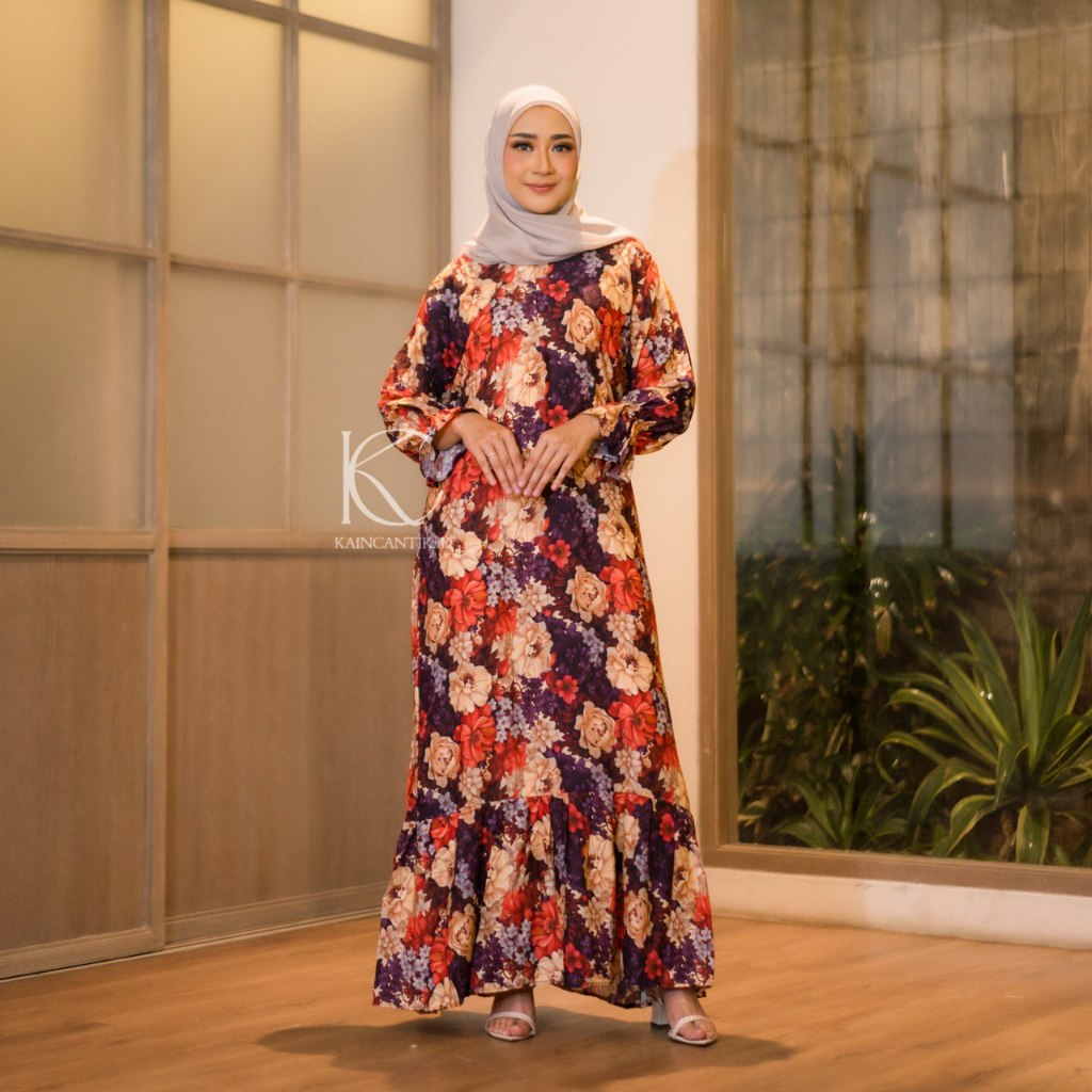 Kain cantik.ID - Gamis Arsyila Gamis Lengan Balon Gamis Bahan Rayon Premium Lengan Panjang LD 110-12