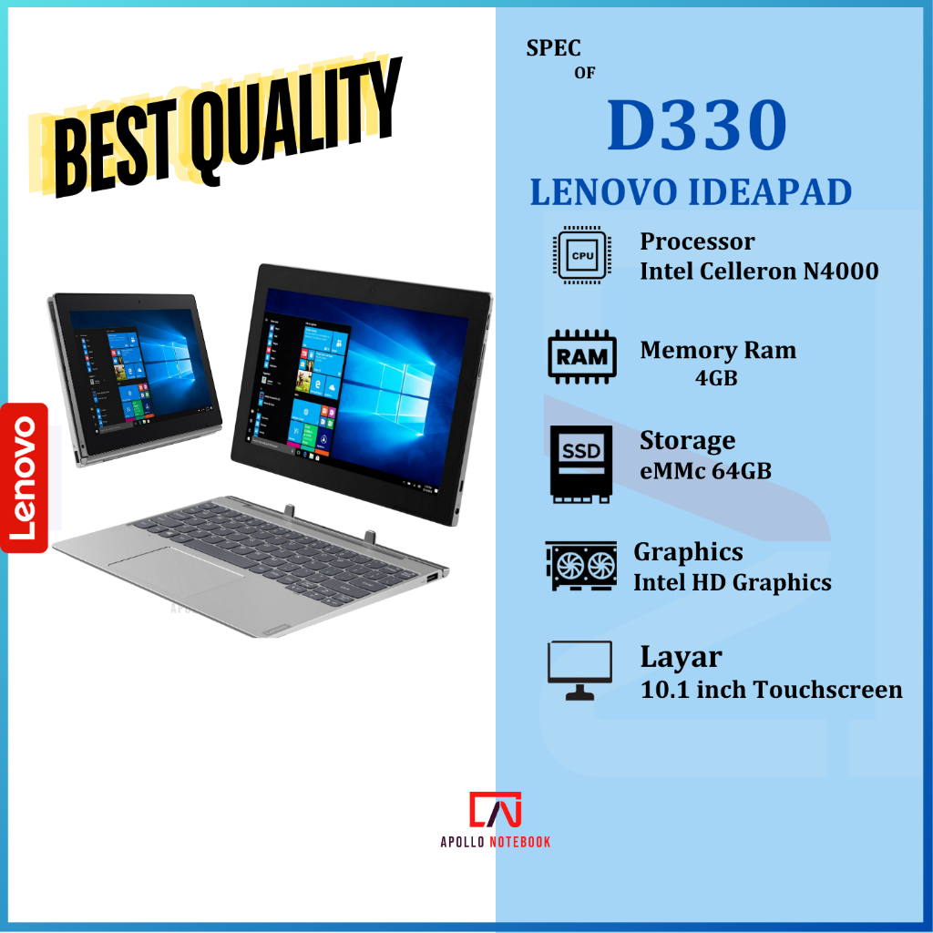 Laptop 2in1 Tablet Lenovo Ideapad D330 N4000  Ram 4GB Ssd eMMc 64GB - Second Bergaransi