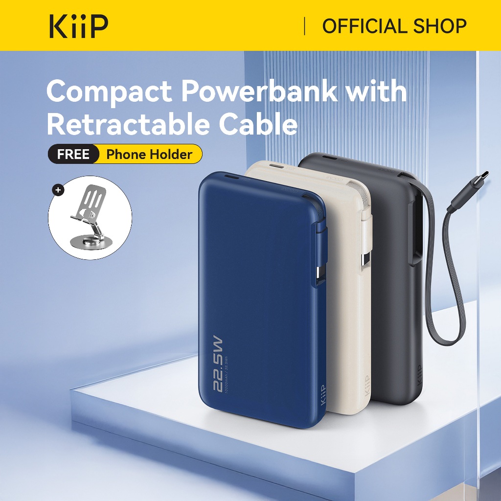 KiiP E60 Powerbank Retractable Cable 22.5W 10000mah Fast Charging Power Bank  Type-C