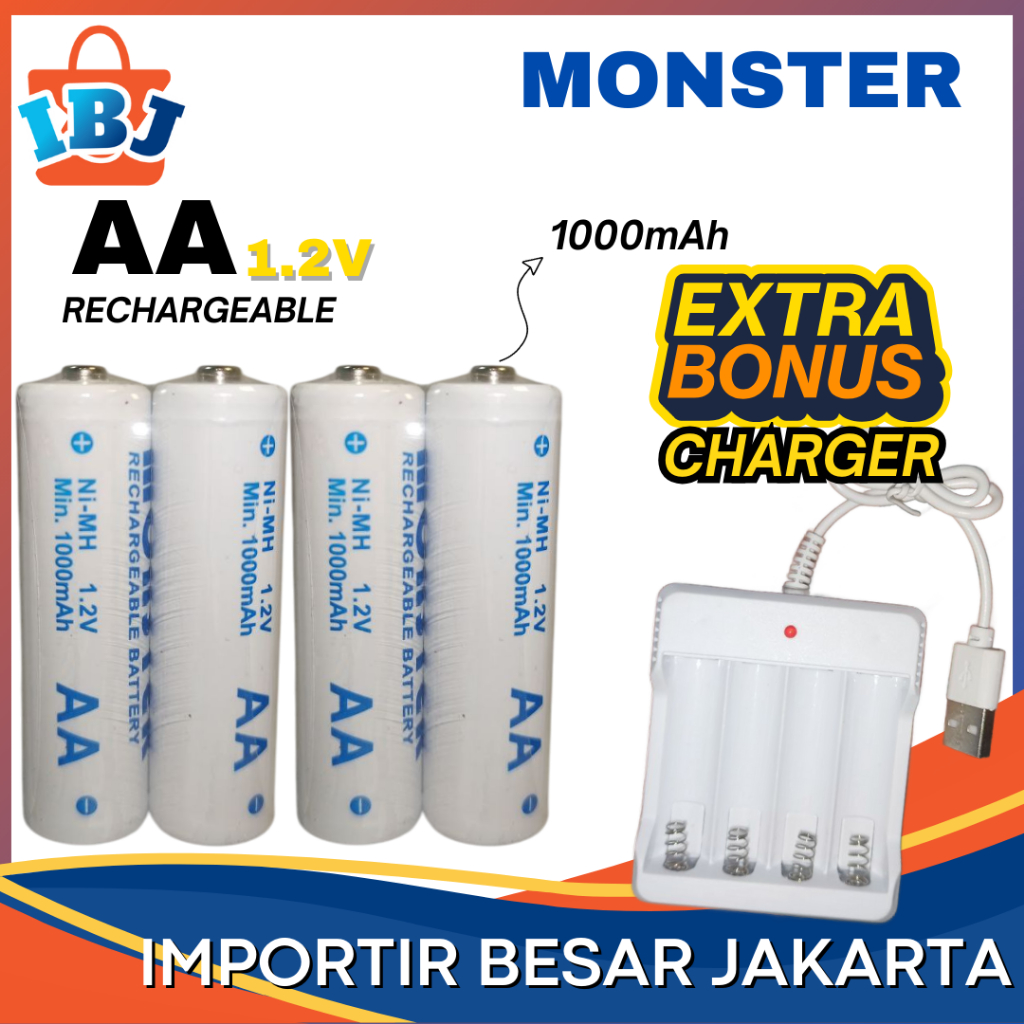 GRATIS CHARGER Baterai AA Monster 1000mAh Isi 4 Cas Rechargeable Recharge dan Charger Charge Isi Ula