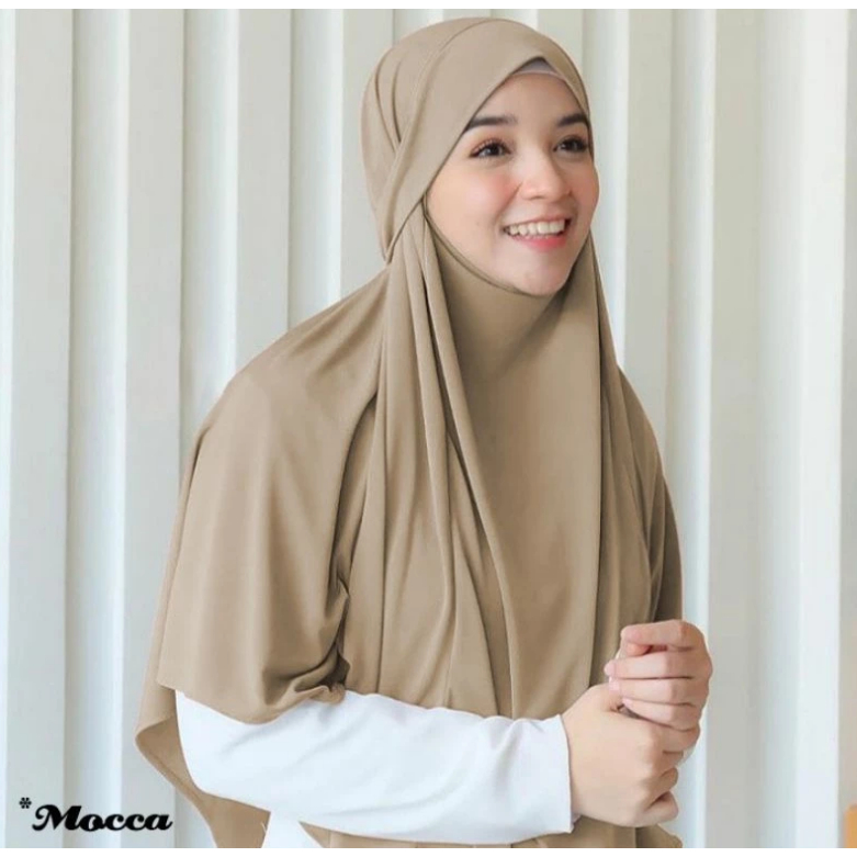 Jilbab Instan Aisha French Khimar Syari – Hijab Bergo Jersey Polos L & XL, Cadar Lepas Pasang & Tali