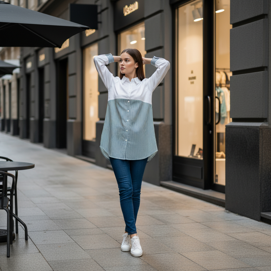 FB Shop Baju Tunik Kemeja Kasual Kombinasi Salur T1B6022