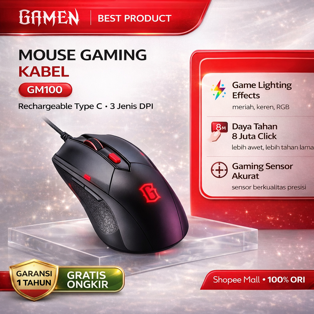 GAMEN Mouse Kabel Gaming GM100 RGB 2000DPI Ergonomis Mouse 3 Level DPI 8 Juta Klik untuk Laptop PC K