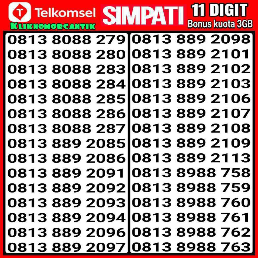nomor cantik Telkomsel simpati 11 Digit 4G&5G Bonus kuota 3GB. A4
