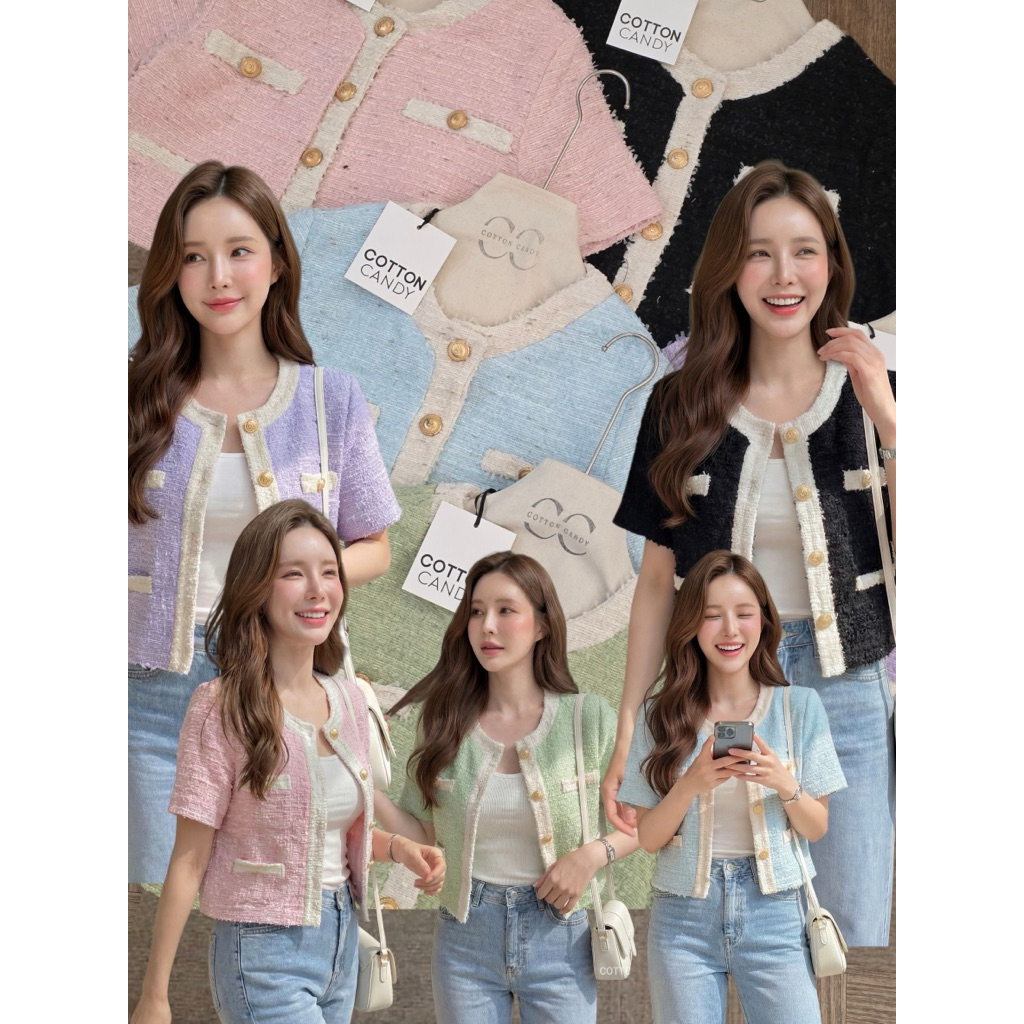CND-165 pony Blazer Outer Tweed Short Crop Lengan Pendek Wanita Cotton Candy