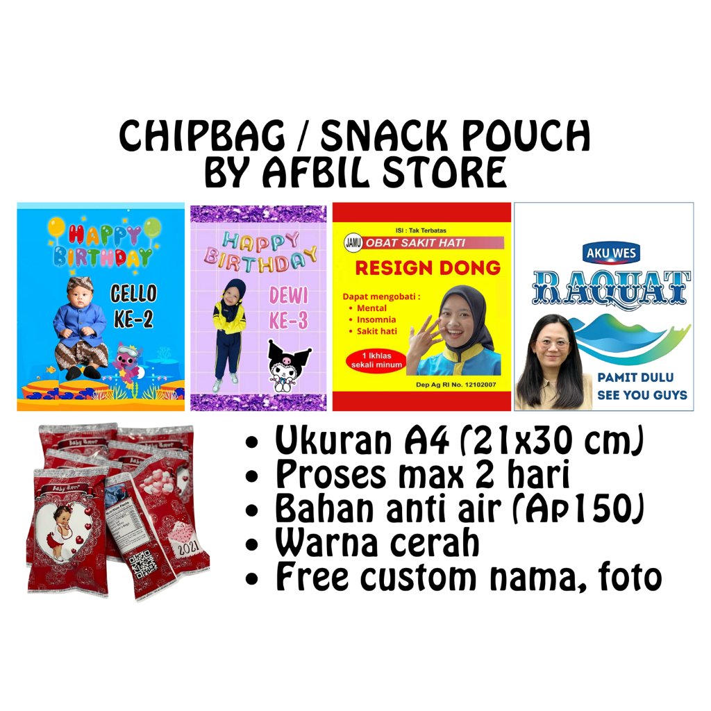 Custom Snack Pouch Resign Birthday Ulang Tahun / Custom Gift Souvenir Resign Bungkus Snack Custom