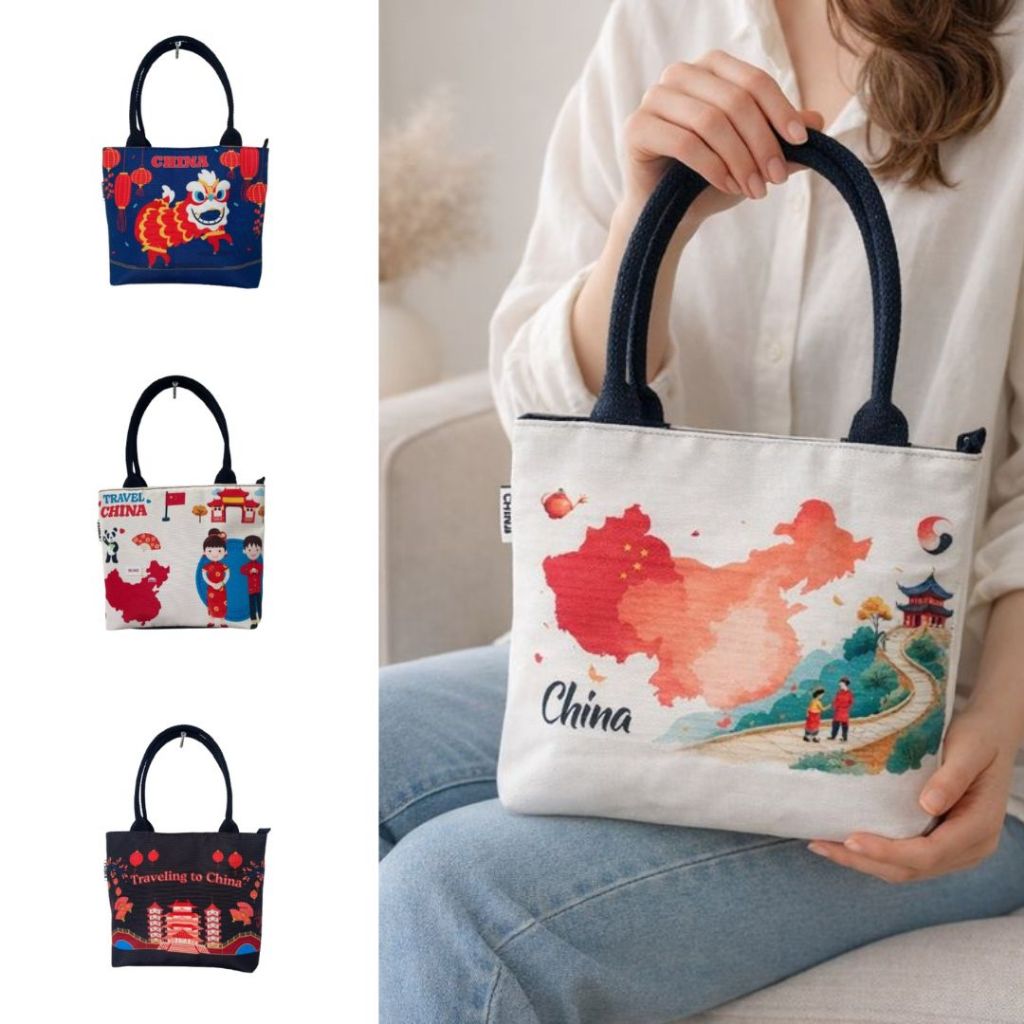Tas Shoulder Bag Wanita Motif China Kanvas Lucu Souvenir Tutup Resleting Lucu Dan Unik Oleh Oleh
