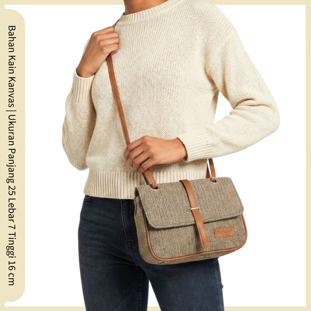 Tas Selempang Kain Kanvas Wanita Tas Kecil Minimalis Elegan Casual Tali Panjang Aksen Kulit Premium