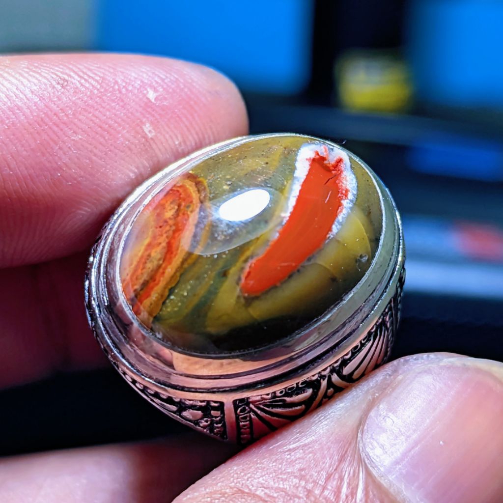 Cincin Batu Pancawarna Garut Motif Merah Cabe Antik Unik Dan Langka, Kualitas Super Kristal, Cocok D