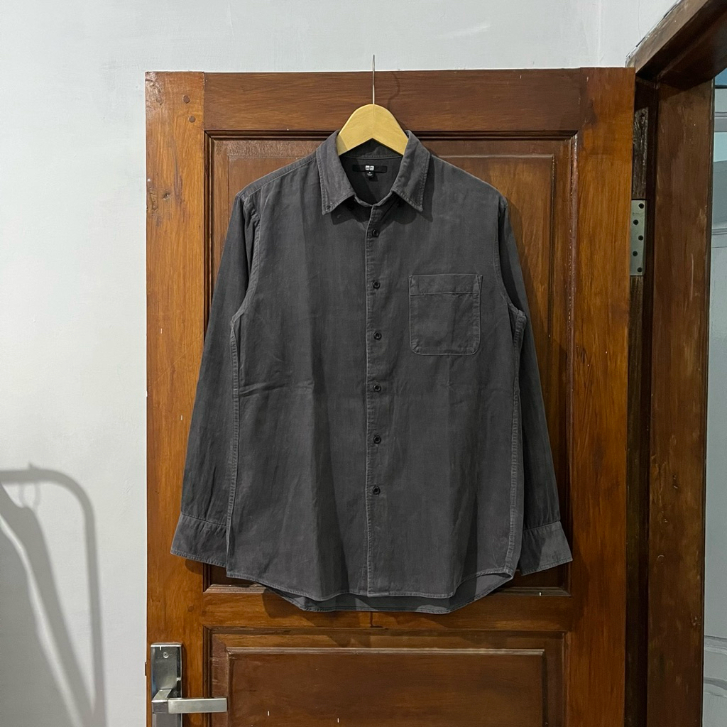 [S-M] Uniqlo Corduroy Cotton Long Sleeve Shirt (KM-039) I Charcoal I Vintage Vtg Retro Kemeja Garis-