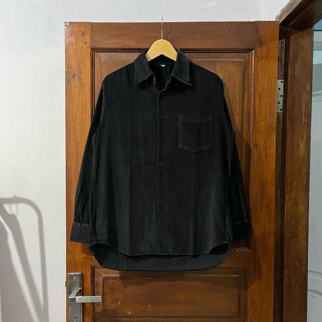 [L] Uniqlo Corduroy Cotton Long Sleeve Shirt (KM-037) I Black I Vintage Vtg Retro Kemeja Garis-garis