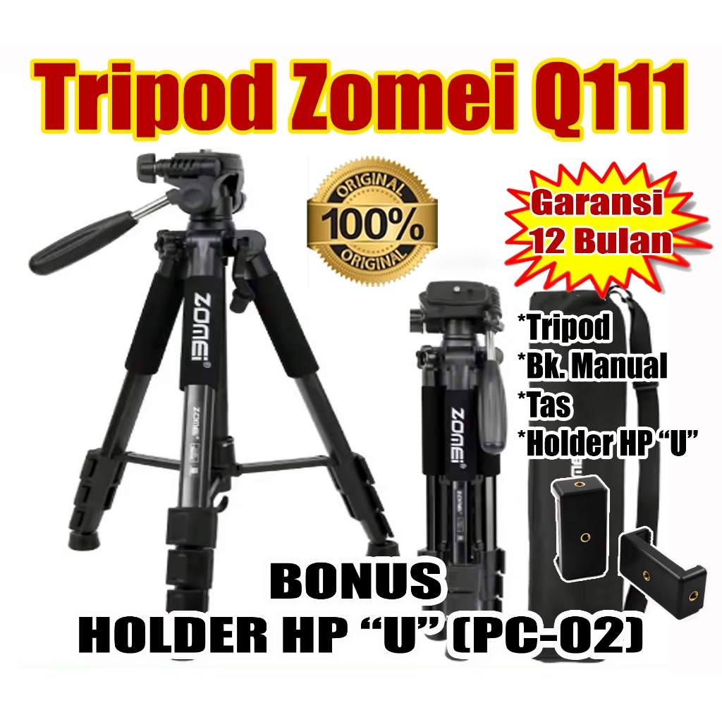 Tripod Profesional Zomei Q111 Original, Bonus : Holder U (PC-02)