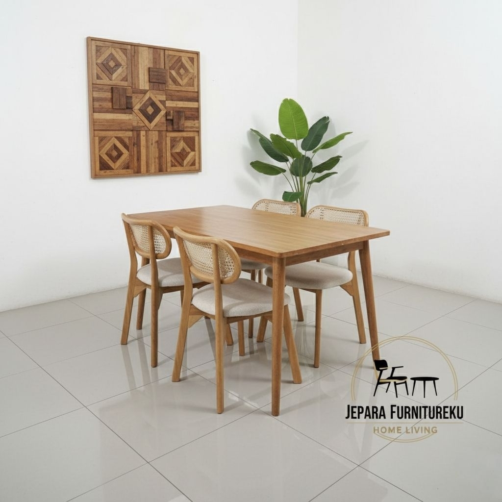 Set meja makan jati minimalis retro rotan / kursi cafe kc estetik / kursi cafe rotan / meja makan ja