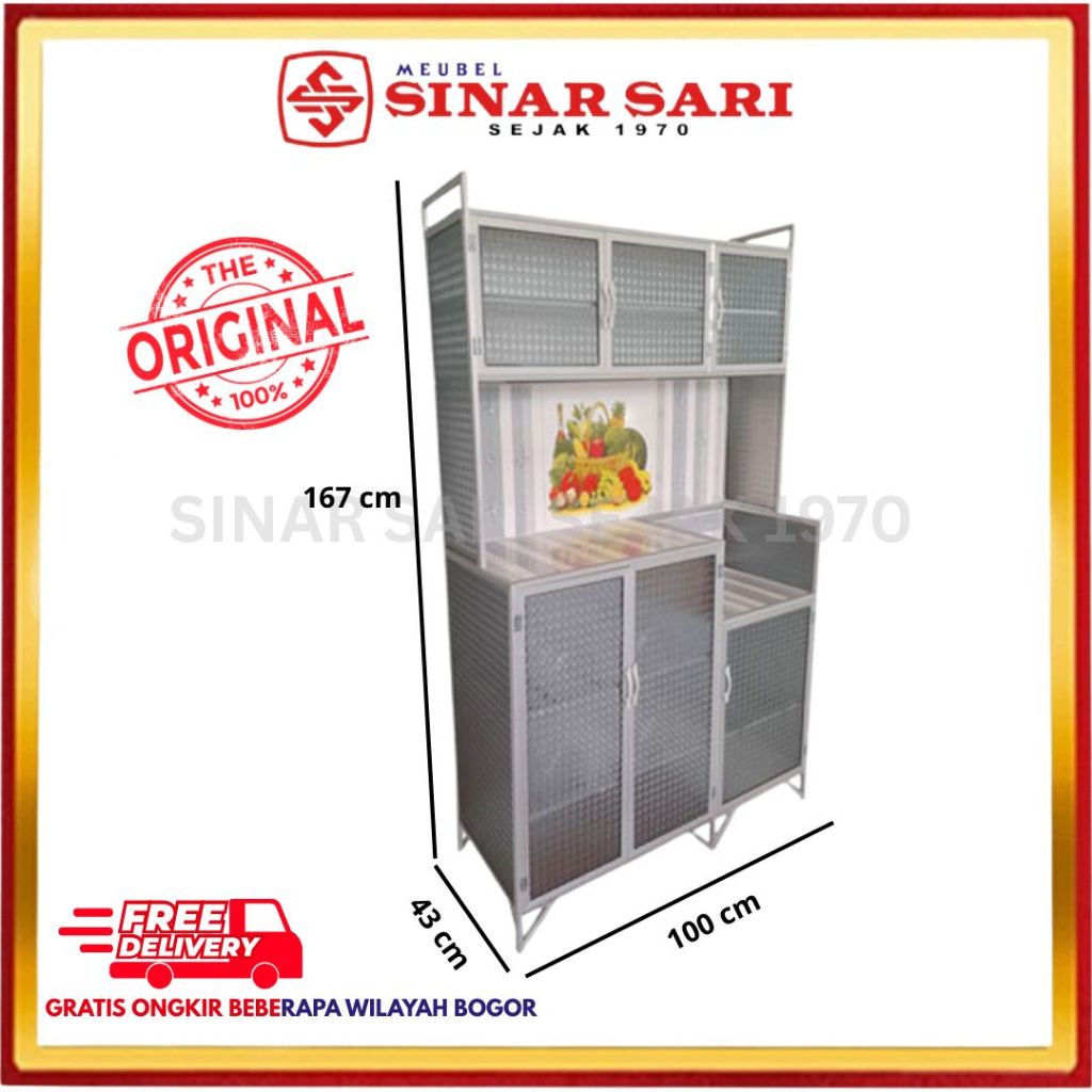 Lemari Dapur 3 Pintu Rak Piring Aluminium Motif Buah
