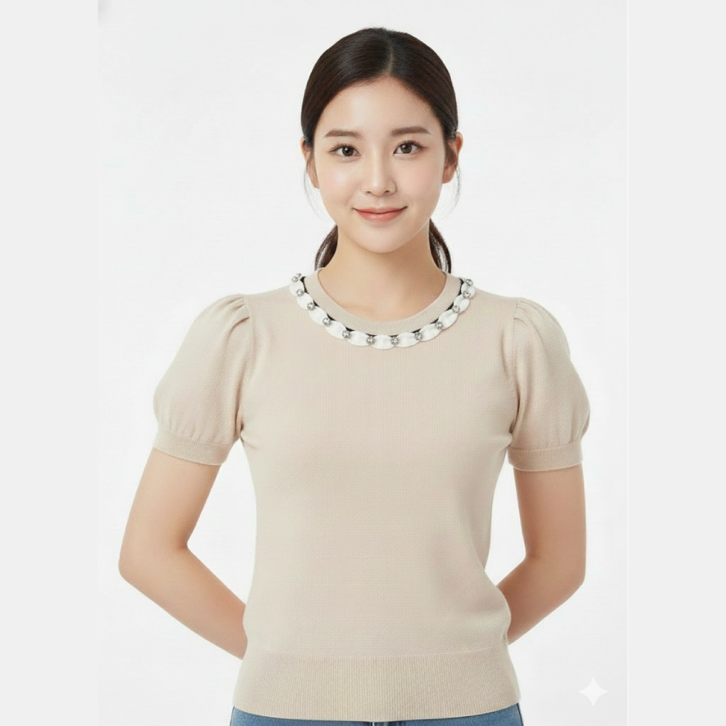 Baju Preloved Bekas Lengan Pendek Puff Cap Sleeve Knit Wanita Korea Warna Beige Kerah Bundar Dengan 