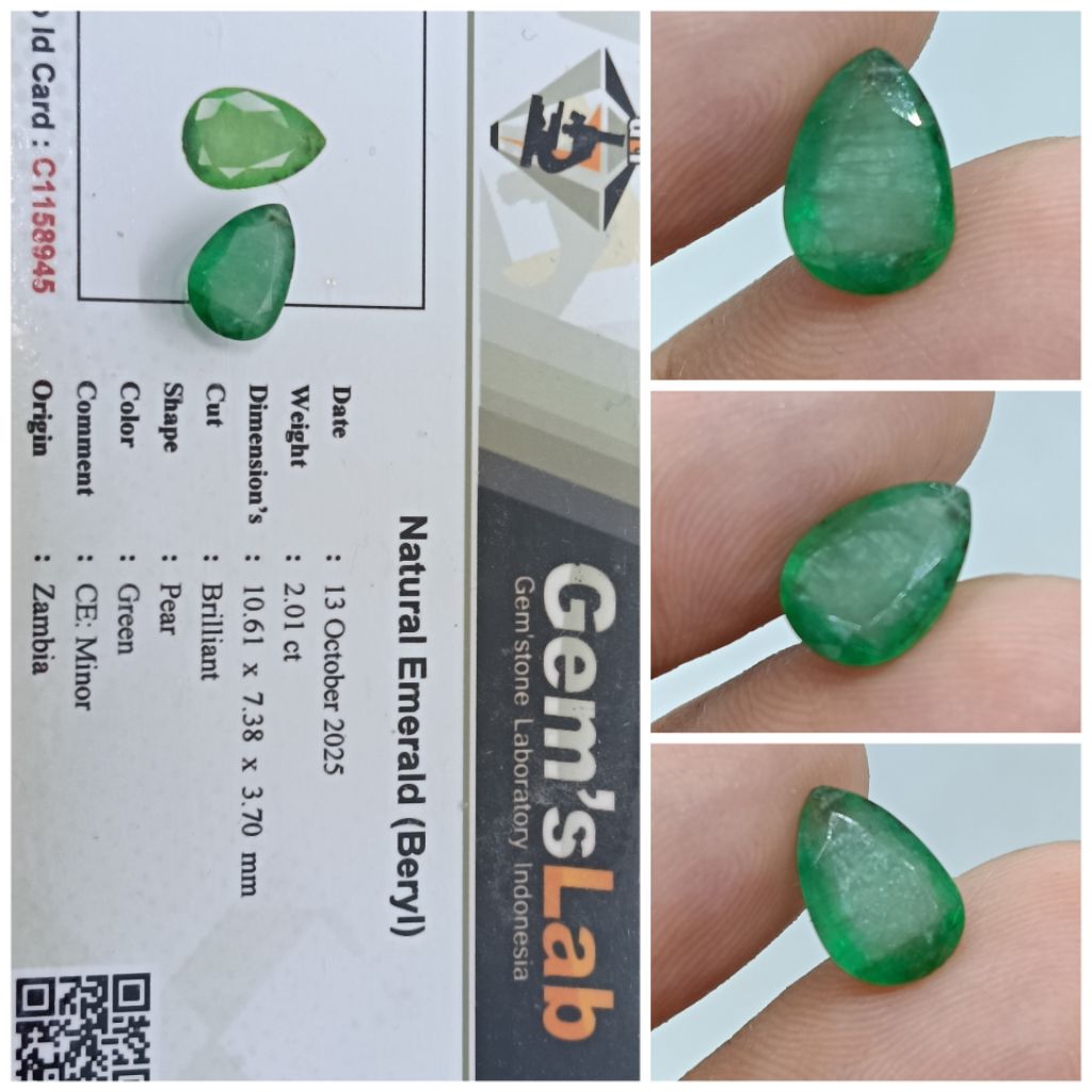 Natural Emerald Beryl Zambia 2 ct Pear Minor memo GLI Zamrud Afrika