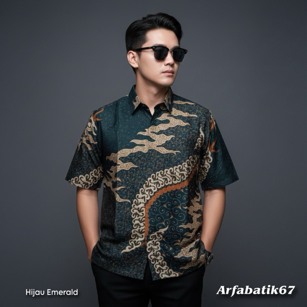 CAKRA HIJAU EMERALD LENGAN PENDEK Baju batik pria lengan pendek katun prima premium lapis furing her