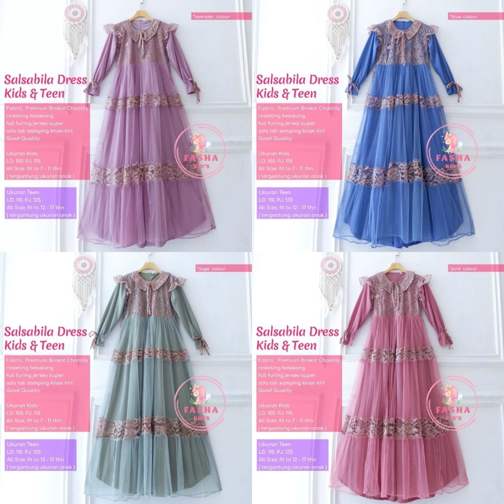 SALSABILA GAMIS ANAK DAN REMAJA BAHAN PREMIUM BROKLAT CHANTILY Original by Fasha Kids